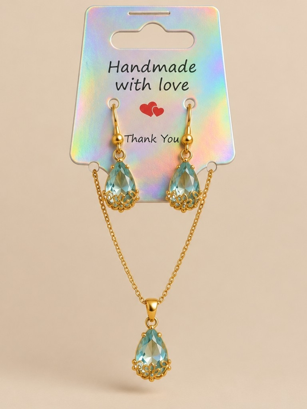 Handmade Gold-Plated Aqua Teardrop Necklace & Earring Set